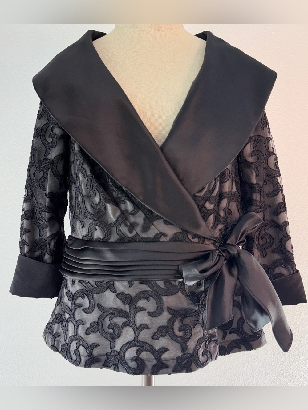 Tadashi Shoji Black Lace Faux Wrap Evening Top Embroidered Satin Trim Formal 12